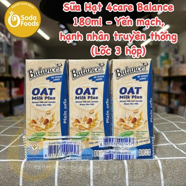 Sữa Hạt 4care Balance 180ml - Yến mạch, hạnh nhân truyền thống (Lốc 3 hộp)