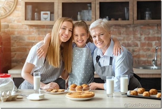 Three family generations having breakfast together, mom, daughter and granny eating cakes and drinking milk at kitchen, copy space